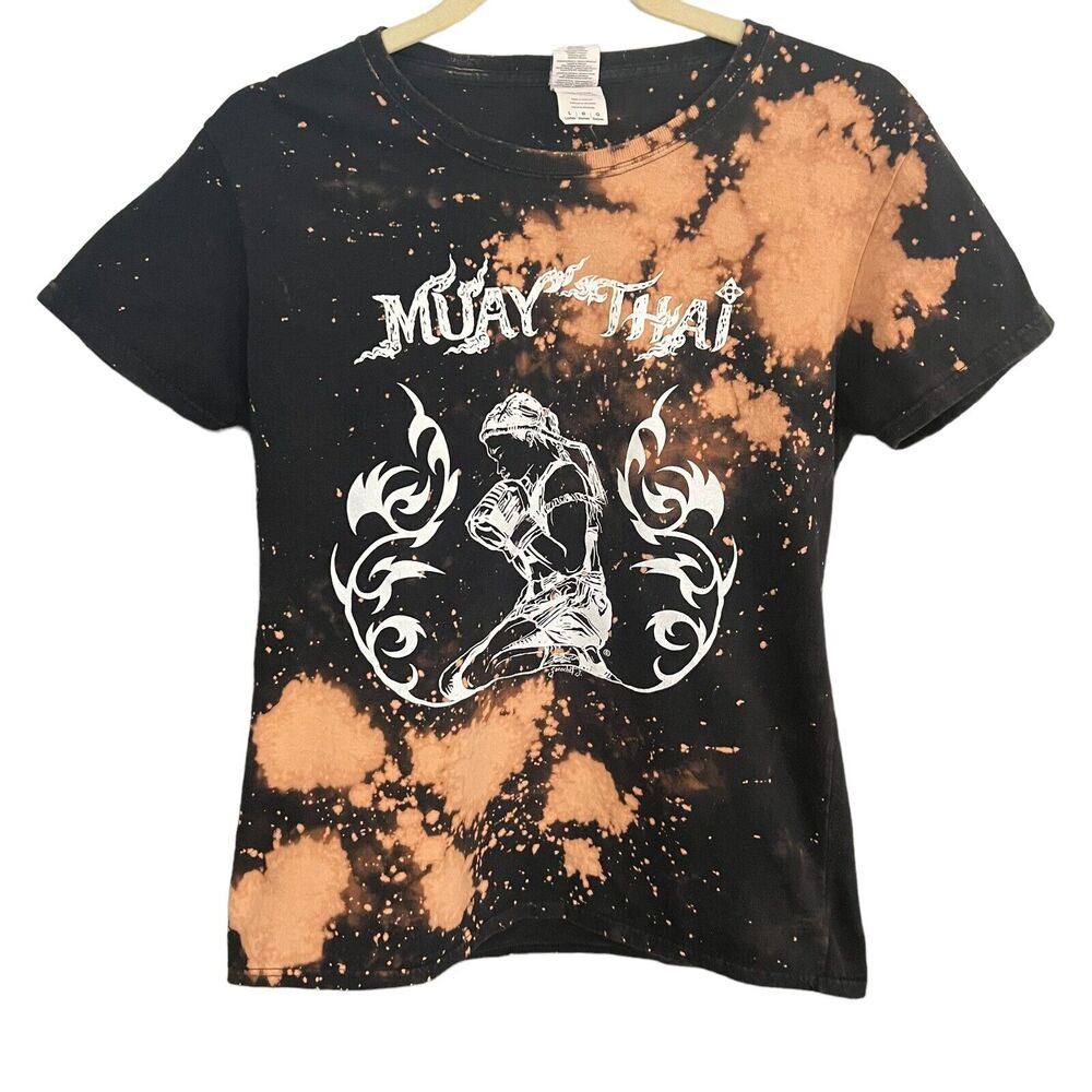 Muay Thai Women's Black Upcycled Bleached Distressed Grunge T-Shirt - Large